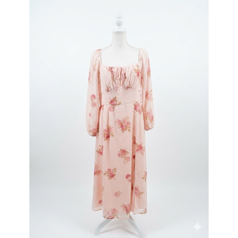 Francescas Light Pink Floral Swiss Dot Midi Dress XL‎ Cottagecore 26FD092IVD
